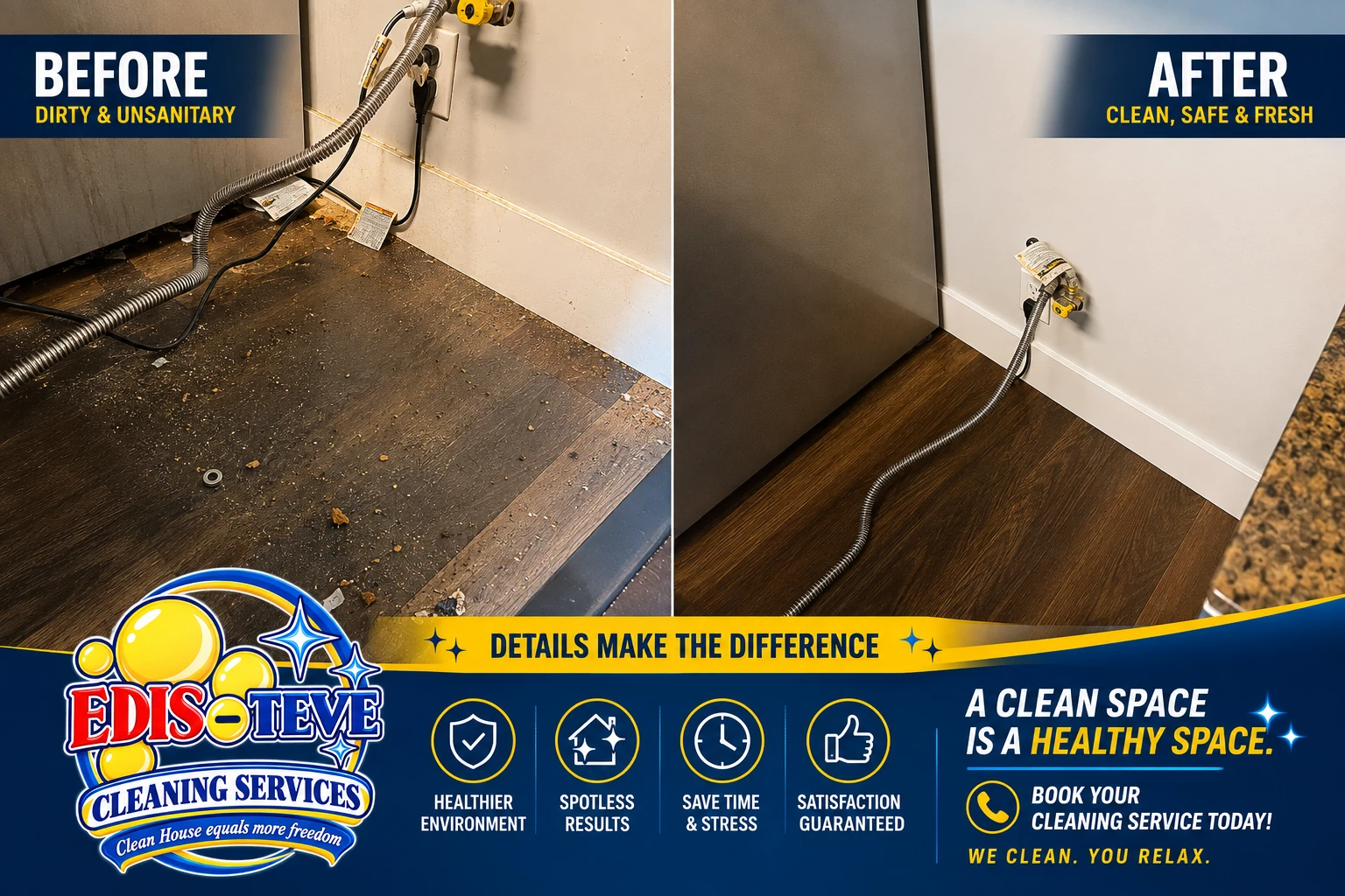 Before-and-after floor detail cleaning completed by Edis-Teve Cleaning Services