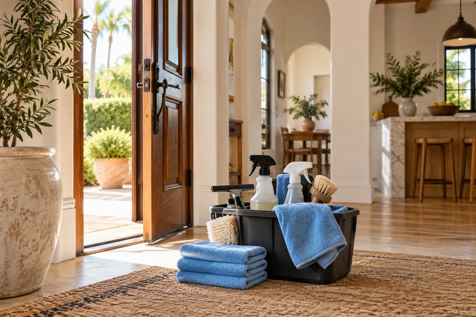 Organized professional cleaning kit in a Los Angeles home