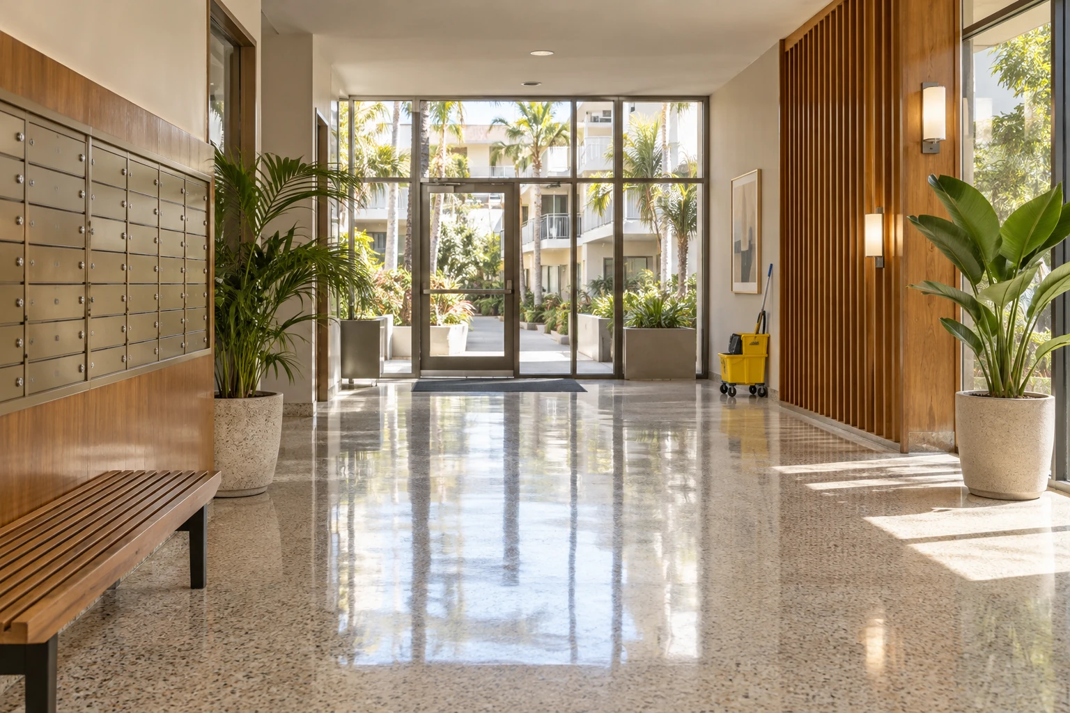 Clean Los Angeles apartment building lobby