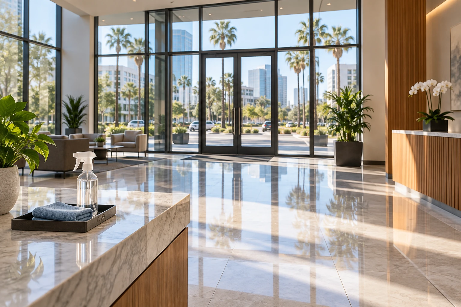 Freshly cleaned commercial building lobby in Los Angeles