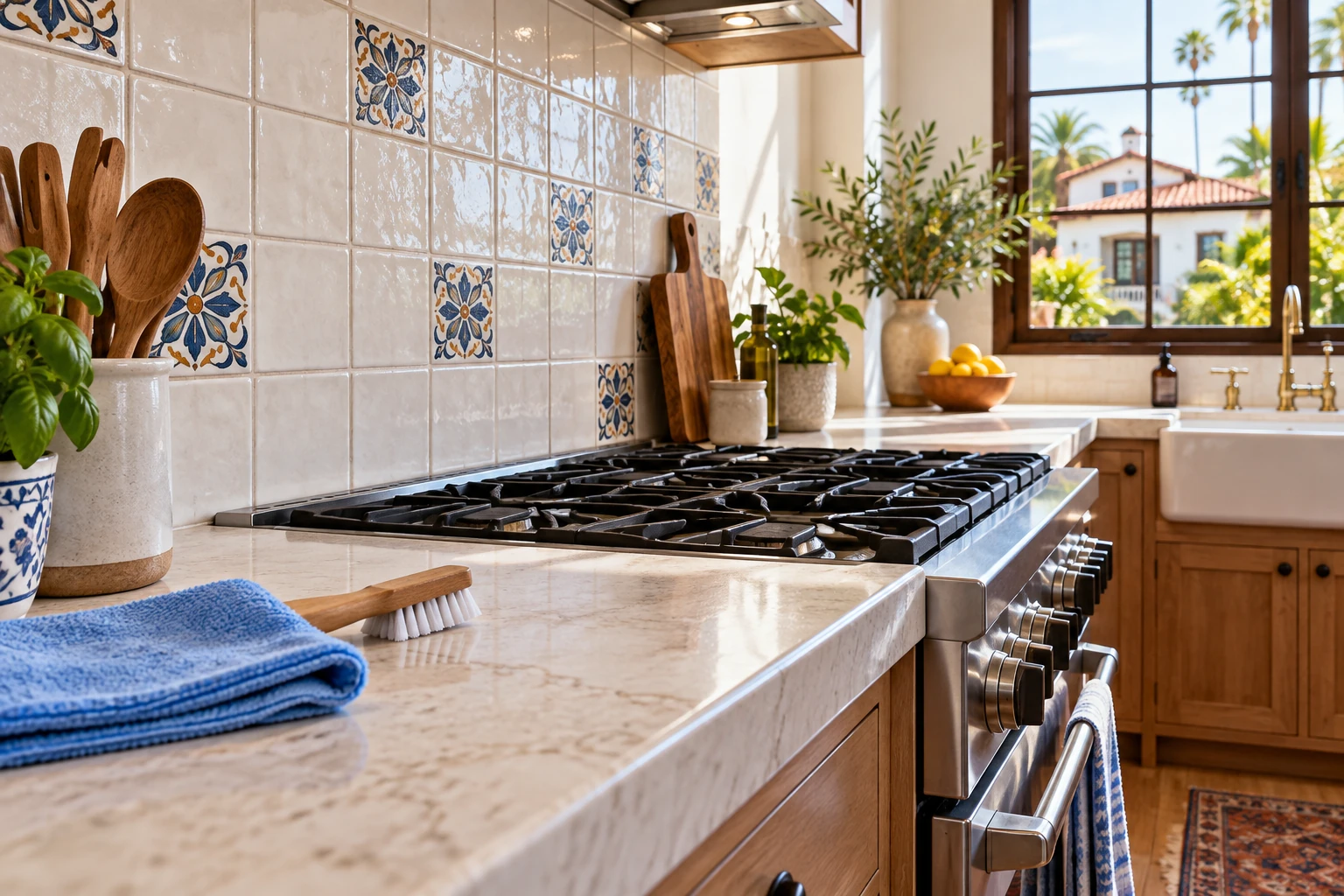 Detailed tile cleaning in a Los Angeles home kitchen
