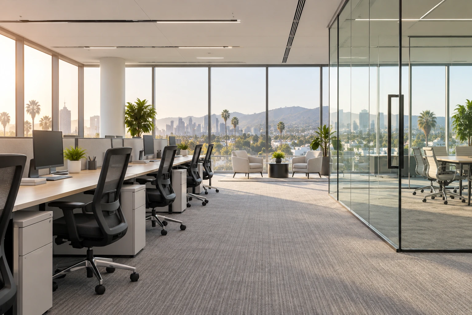 Clean modern office with Los Angeles views