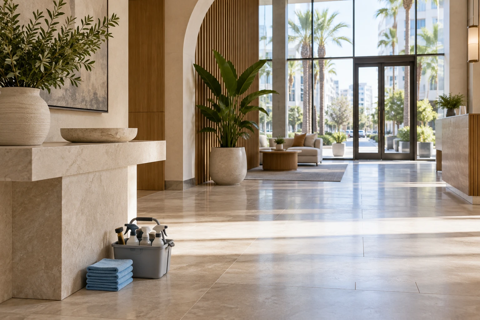 Professional cleaning supplies ready in a bright Los Angeles property
