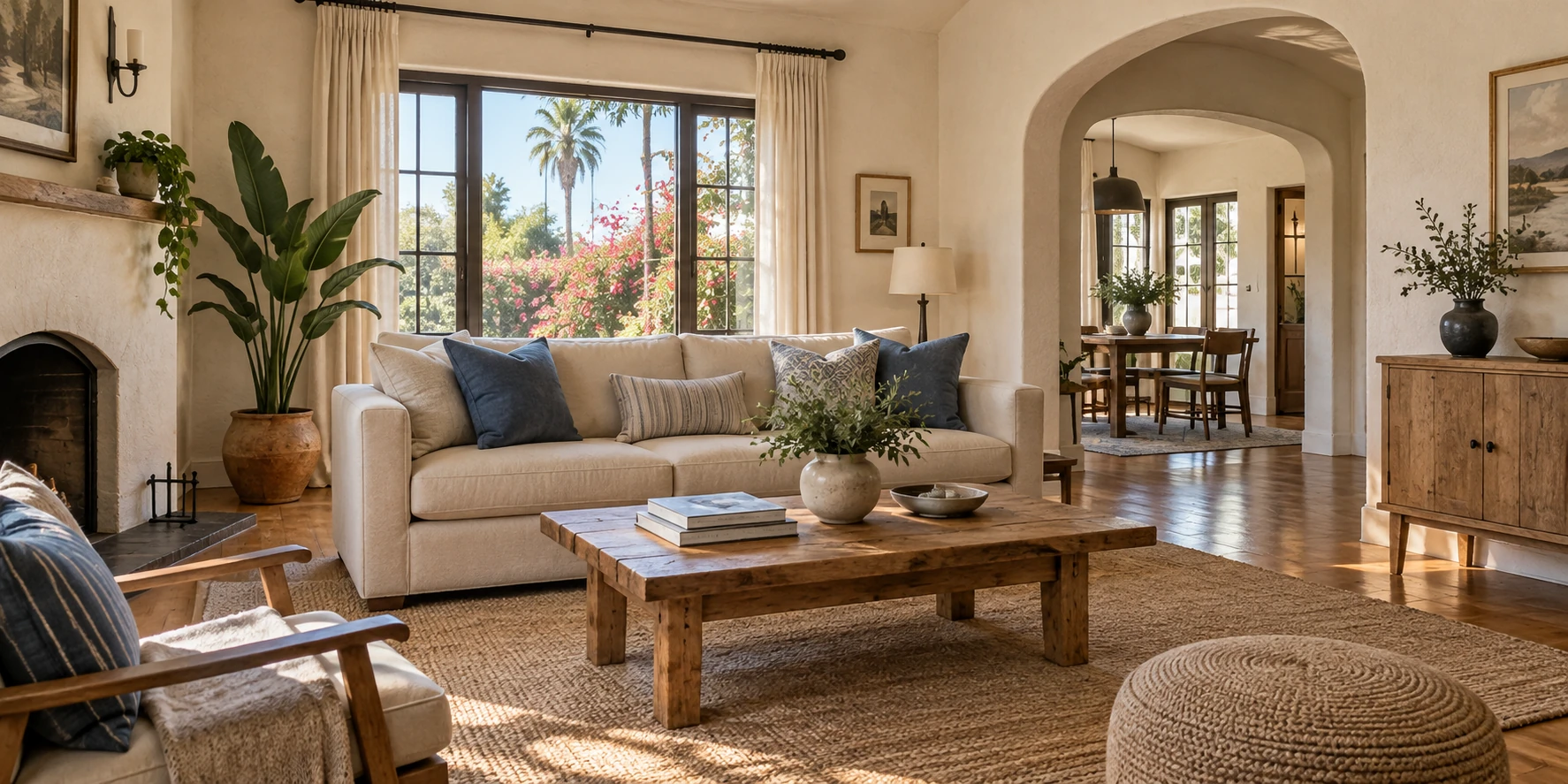 A freshly cleaned Los Angeles bungalow living room with arched openings and blue accents