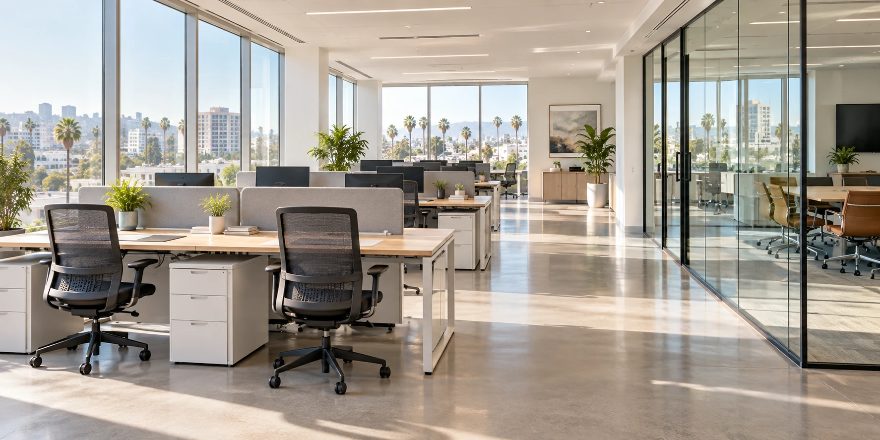 A bright Los Angeles office with tidy workstations, glass meeting rooms, and city views