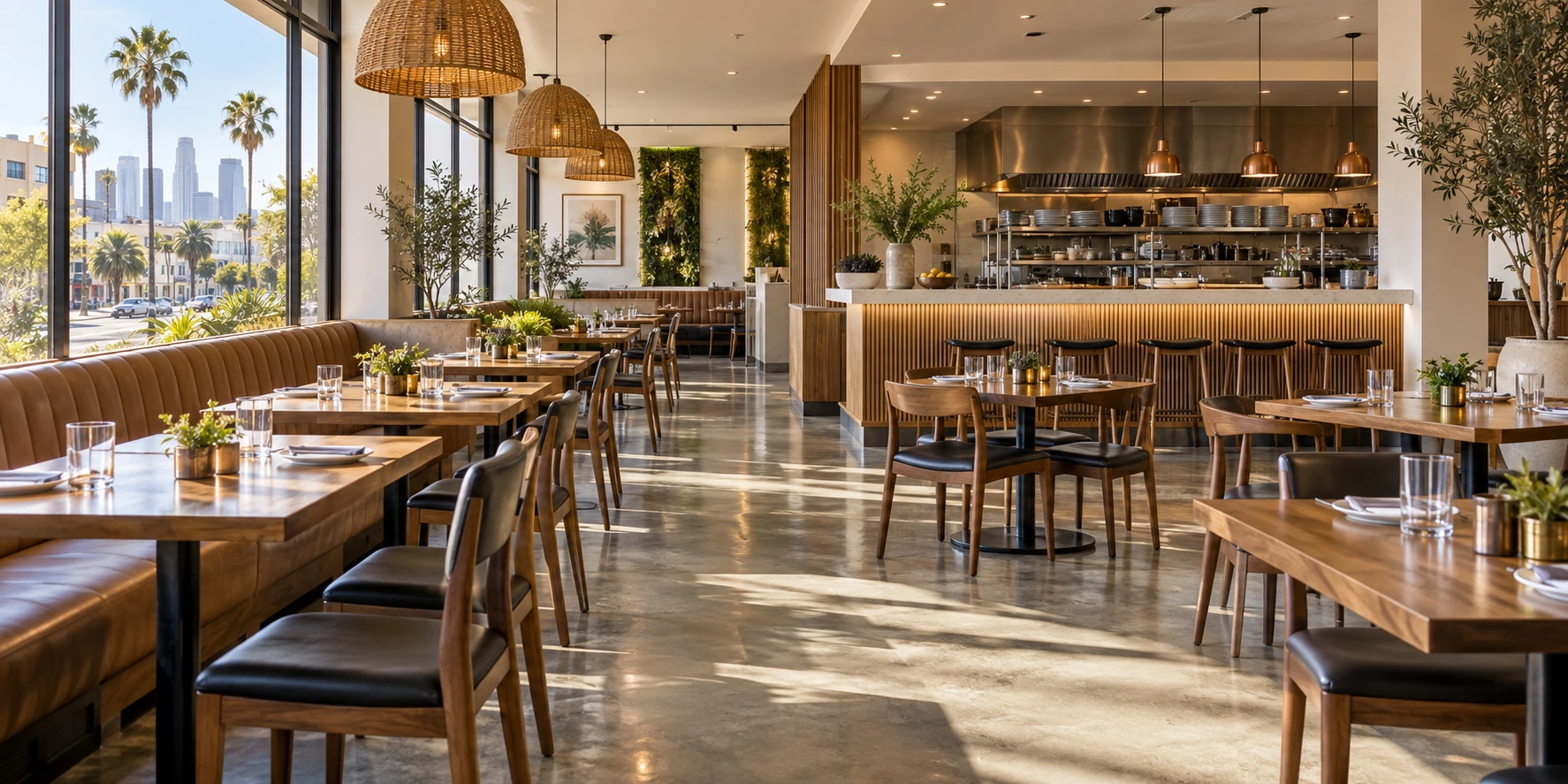 A spotless Los Angeles restaurant dining room and open service area